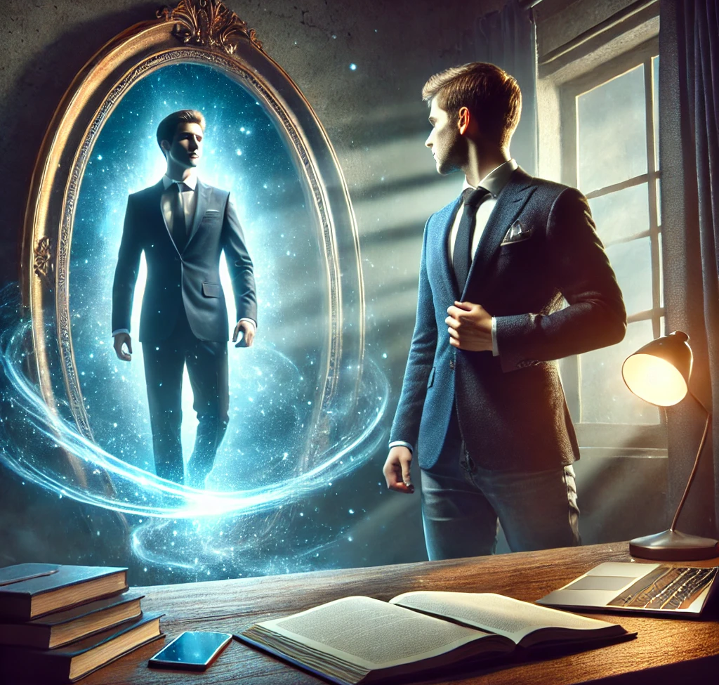 Here is the image of the young man standing in front of a glowing mirror, facing his confident future self stepping out of the reflection.