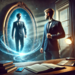 Here is the image of the young man standing in front of a glowing mirror, facing his confident future self stepping out of the reflection.